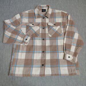 HFX Shirt Jacket Shacket Women's‎ Medium Beige Plaid Flannel Long Sleeve Warm